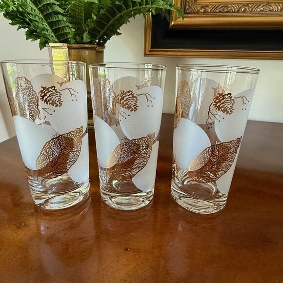 Set Of 7 Vintage High Ball Tumblers Glasses Gold Leaf Frosted Moon Design - Mid- - Picture 7 of 9